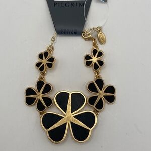 Pilgrim Black Matte & Gold Floral Clover Leaf 8" Bracelet📿 Bold Danish Design☘️